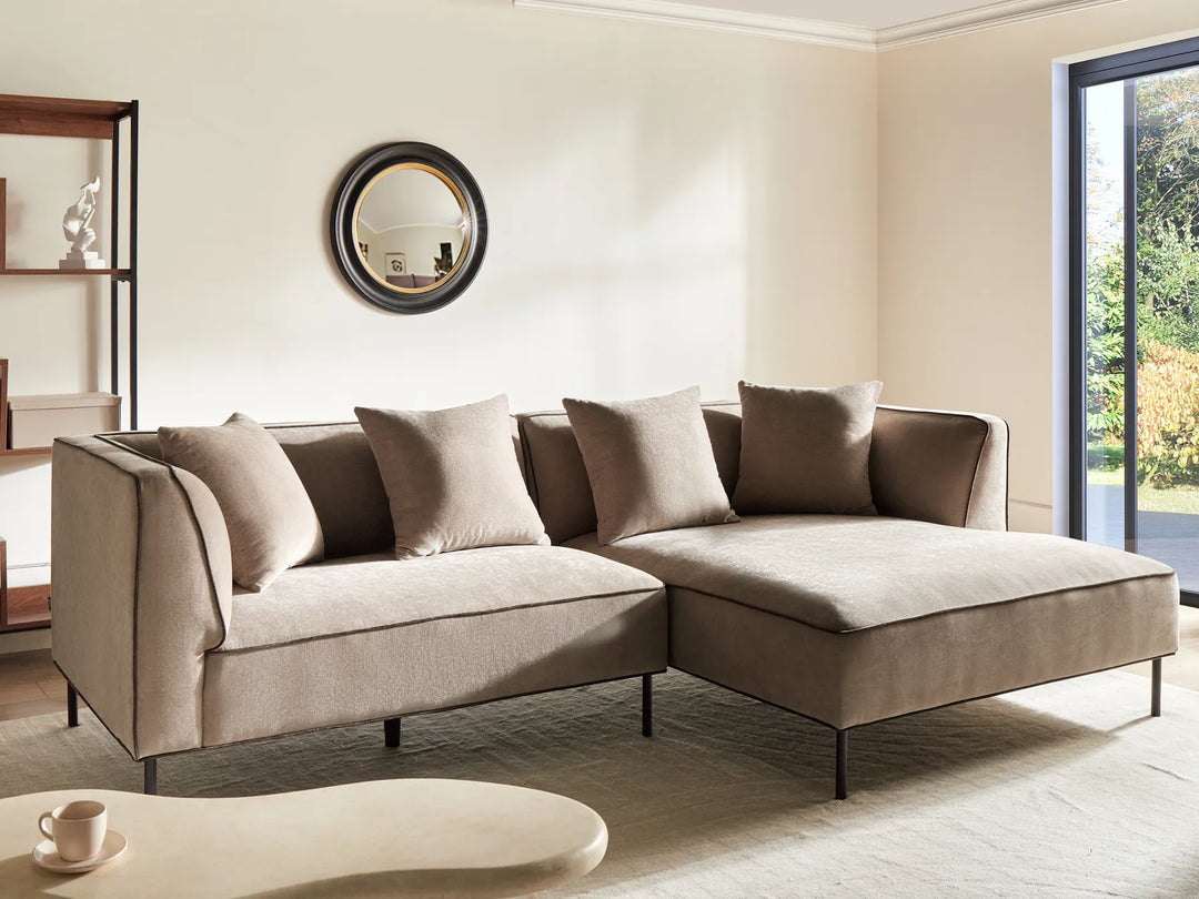 Left hand light brown fabric corner sofa with metal legs