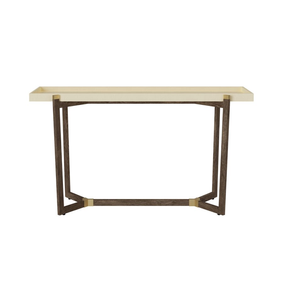 Console table with marble top and bronze base on a white background