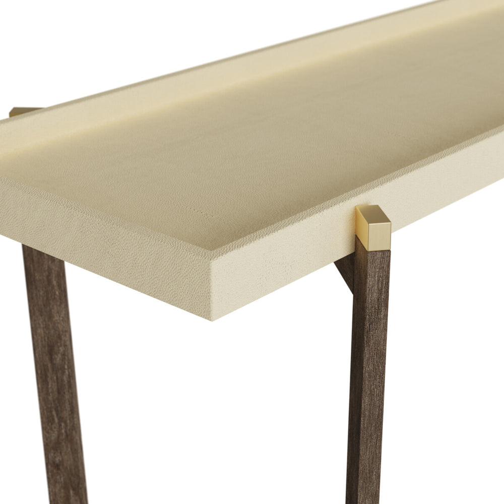 Beige cushioned bench with wooden legs on a white background