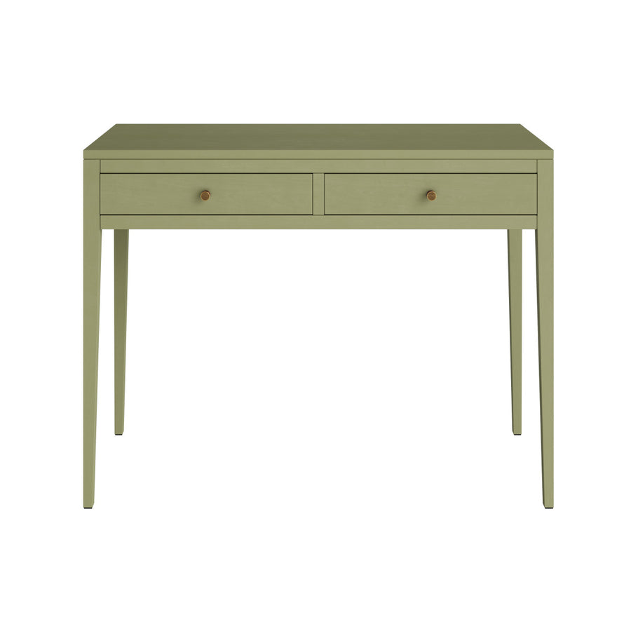 Green desk with two drawers on a white background