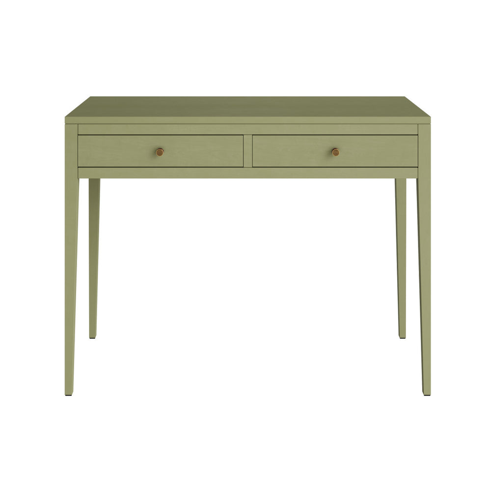Green desk with two drawers on a white background