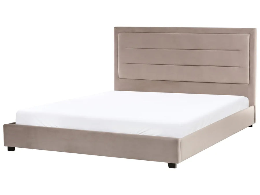 Beige bed frame with white mattress on a white background