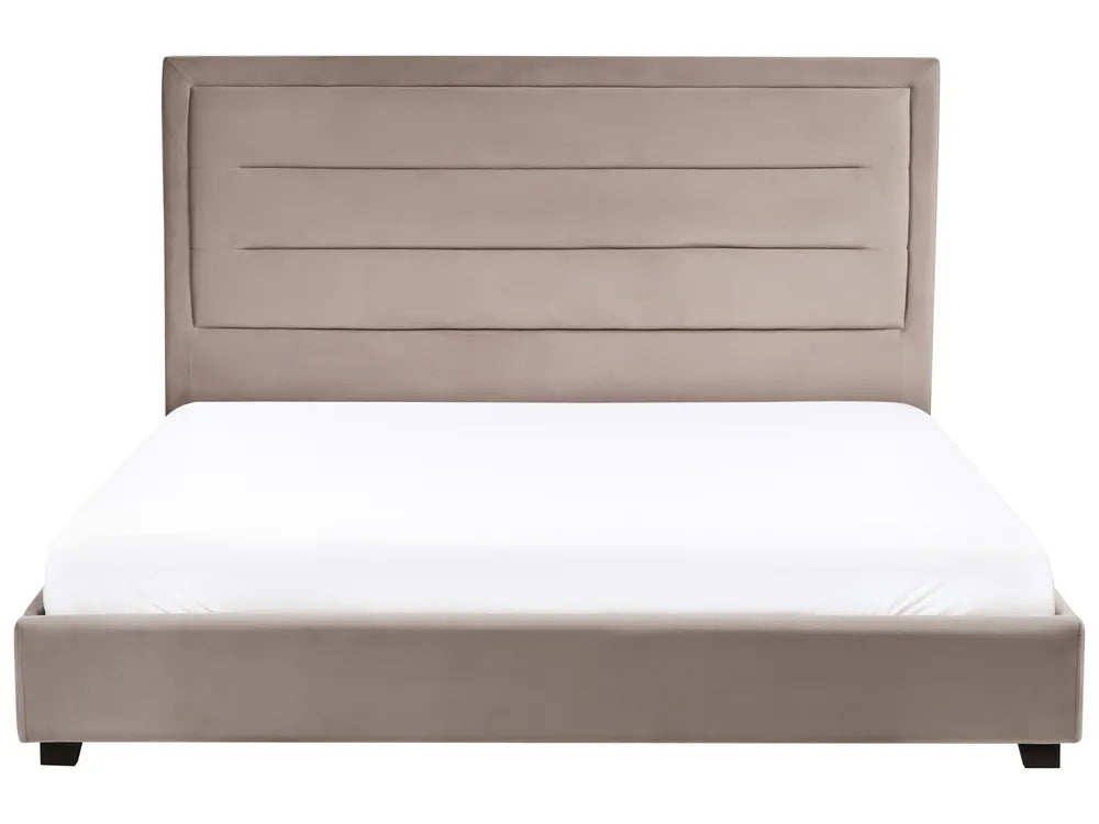 Gray upholstered bed with white mattress on a white background