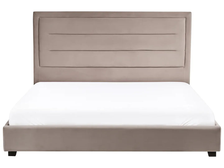 Gray upholstered bed with white mattress on a white background