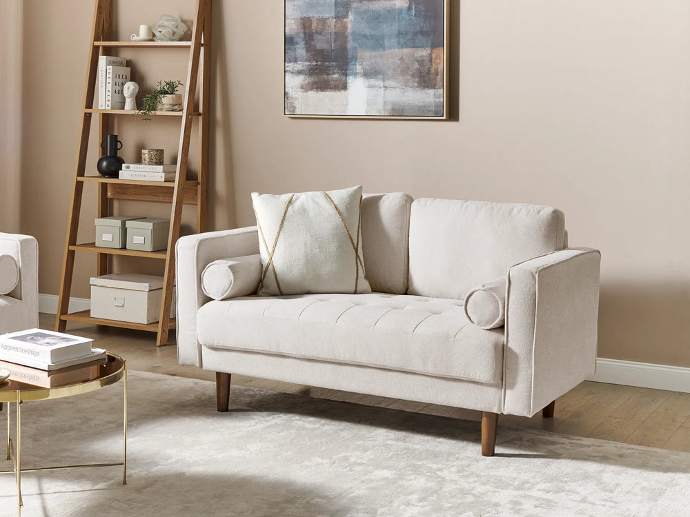 beige 2 seater retro fabric sofa with wooden legs