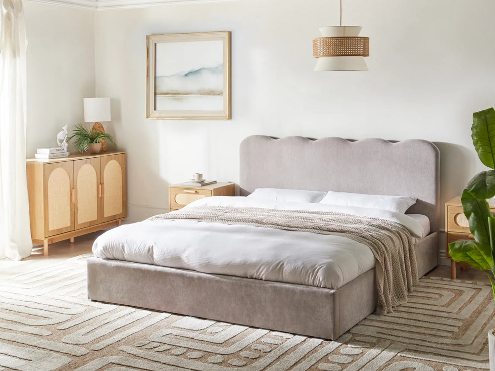 Modern ottoman bed with upholstered taupe fabric frame