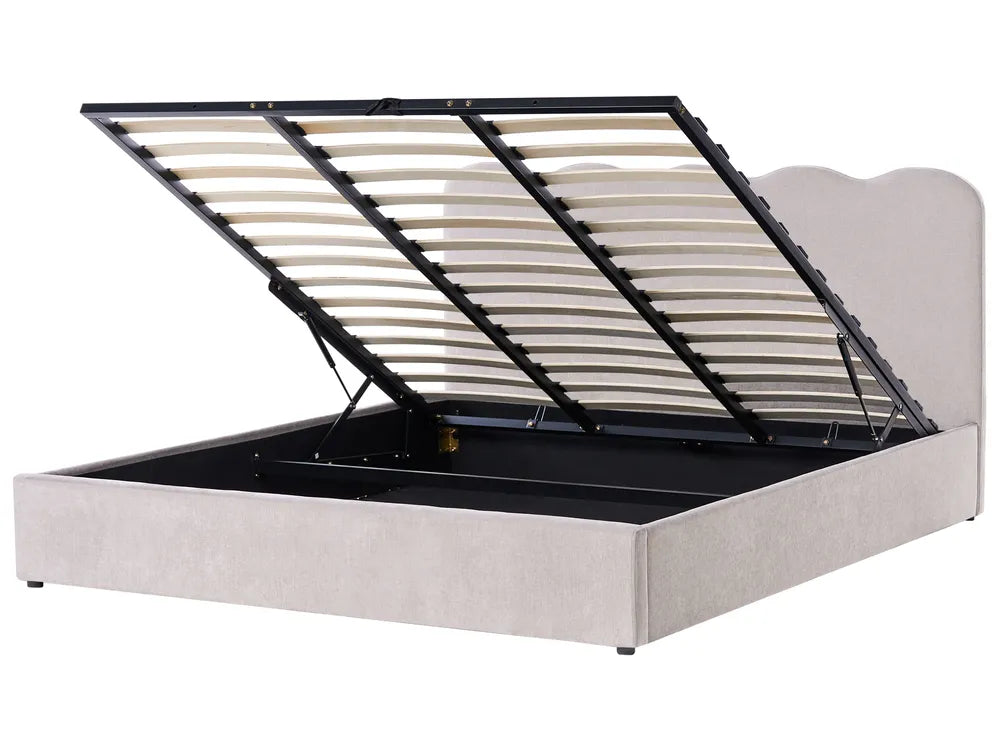 Super king storage bed with soft taupe fabric finish