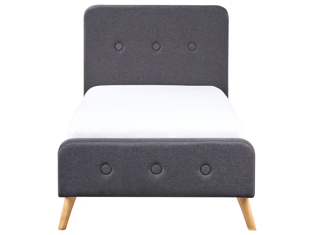 Grey upholstered bed with wooden legs