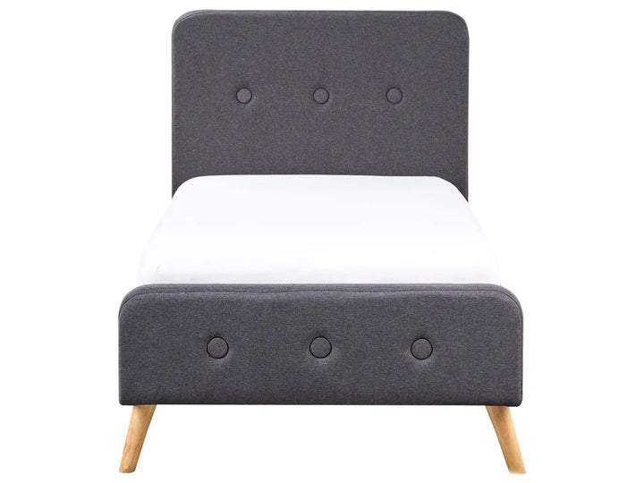 Grey upholstered bed with wooden legs