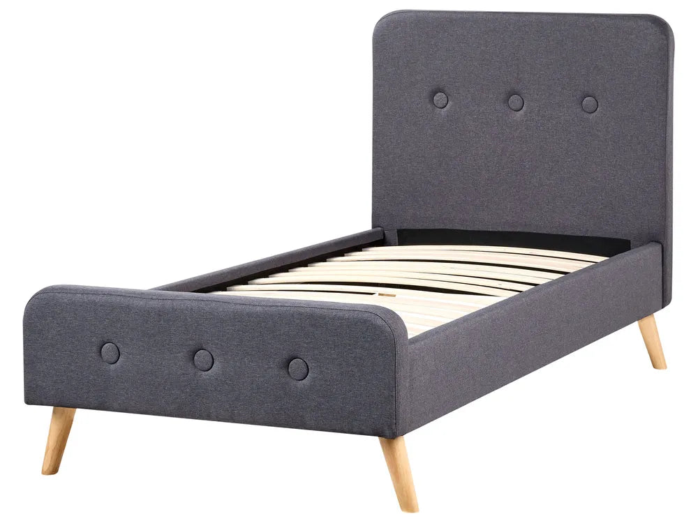 Grey upholstered bed with wooden legs