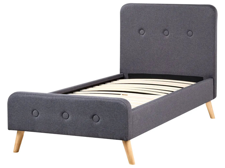 Grey upholstered bed with wooden legs