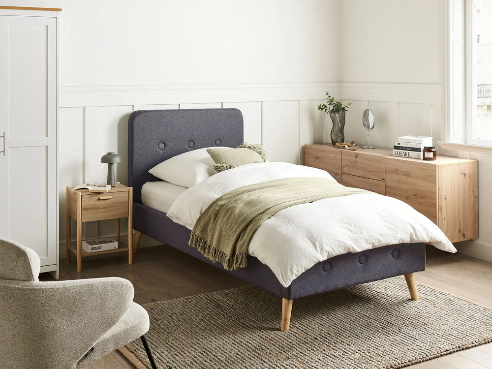EU single linen bed with buttoned headboard and footboard