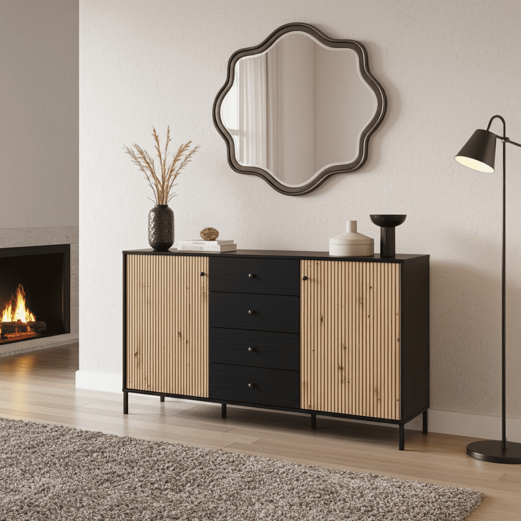 Slatted oak effect and black sideboard with 2 doors and 4 drawers