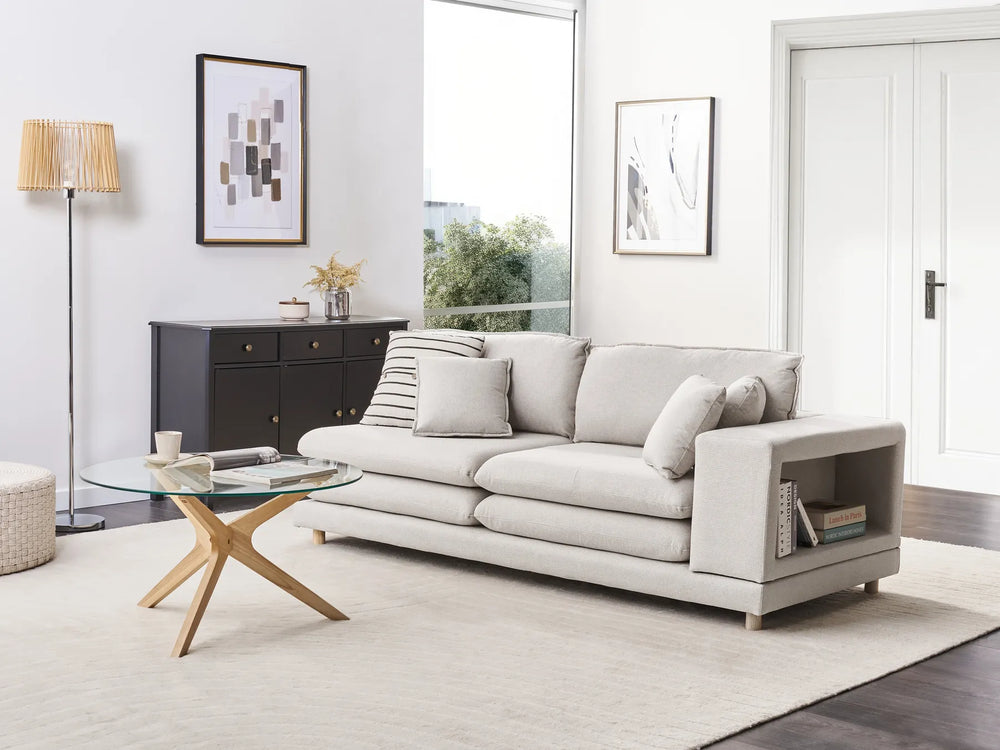 2 seater beige sofa with storage armrest and modern design