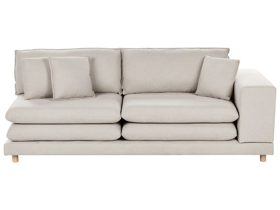 beige fabric 2 seater sofa with cushions and wooden frame