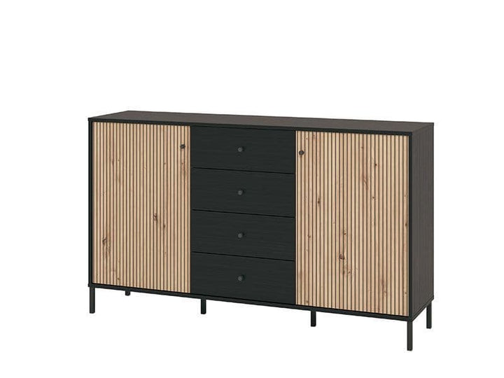 Black and wood dresser with multiple drawers on a white background