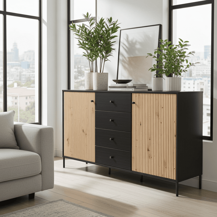 Modern oak and black sideboard with slatted front and storage drawers