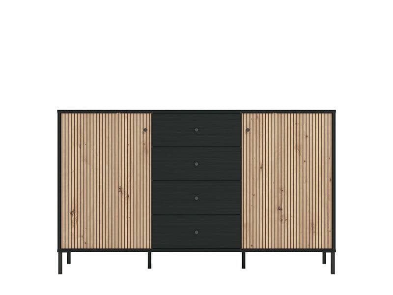 Black dresser with wooden panels on a white background