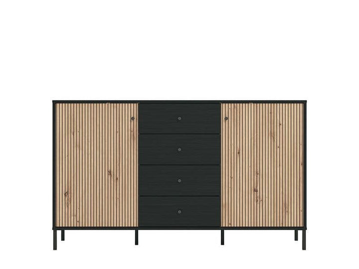 Black dresser with wooden panels on a white background
