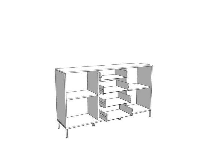 Line drawing of a modern kitchen island with shelves and drawers on a white background