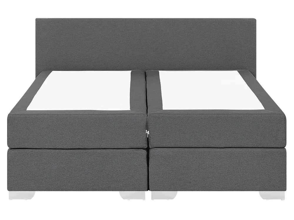 Gray fabric bed with white mattress on a white background