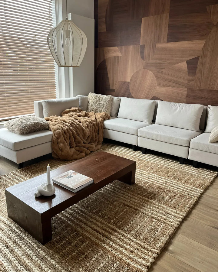 Modular Corner Sofa 5 Seater Fabric Light Beige with Ottoman Right Hand Turella