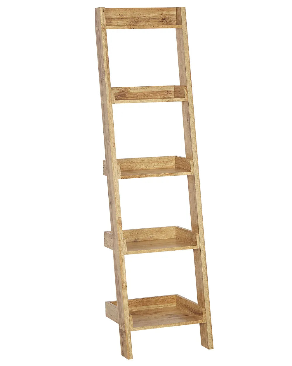 Wooden leaning bookshelf on a white background