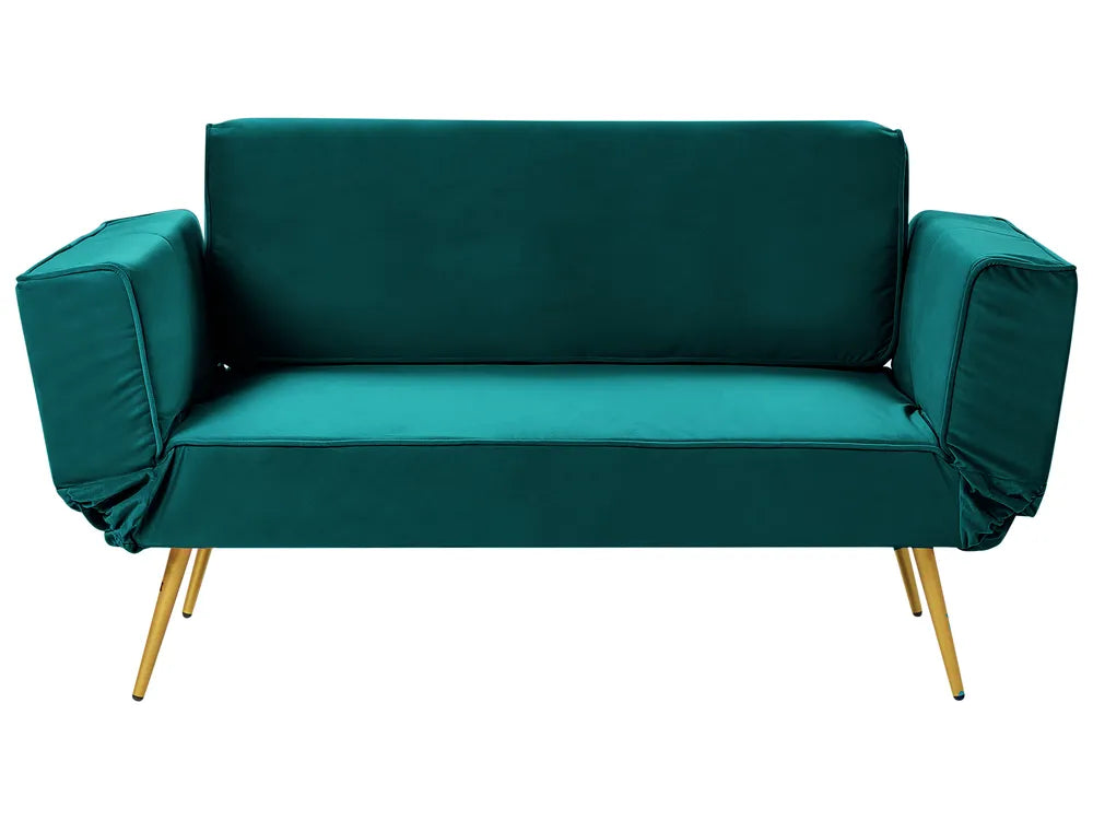 Teal sofa with gold legs on a white background