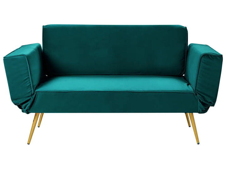 Teal sofa with gold legs on a white background