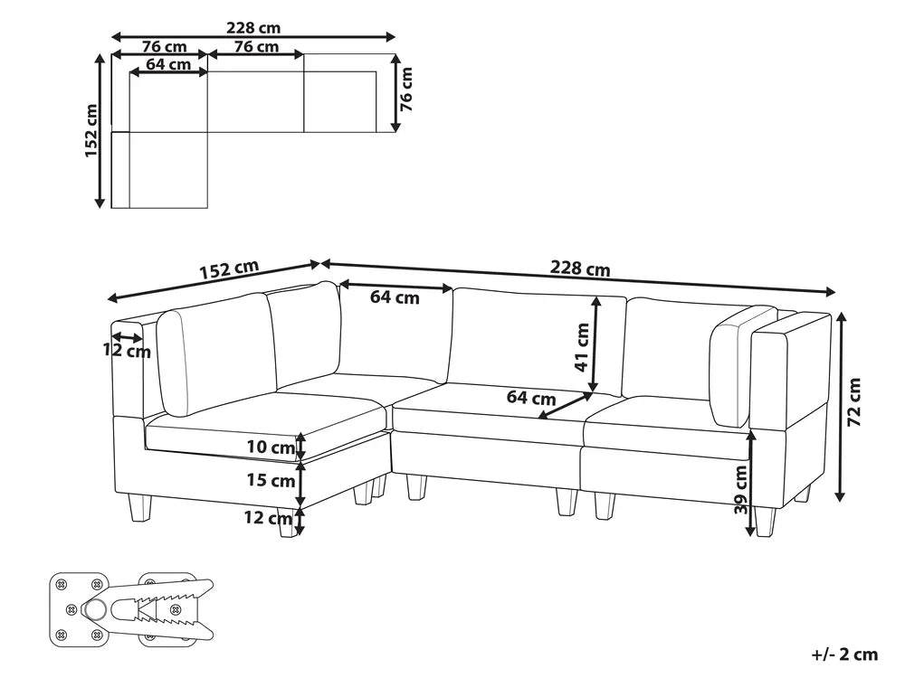 Modular Corner Sofa 4 Seater Fabric Black Right Hand Turella