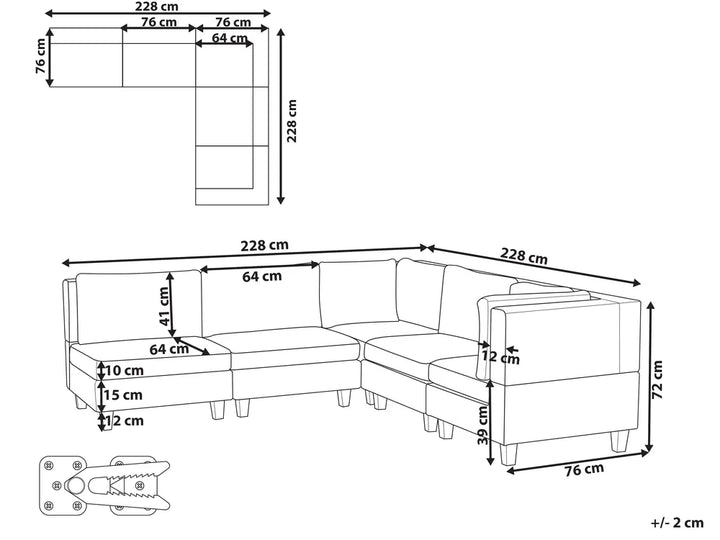 Modular Corner Sofa 5 Seater Fabric Black Left Hand Turella