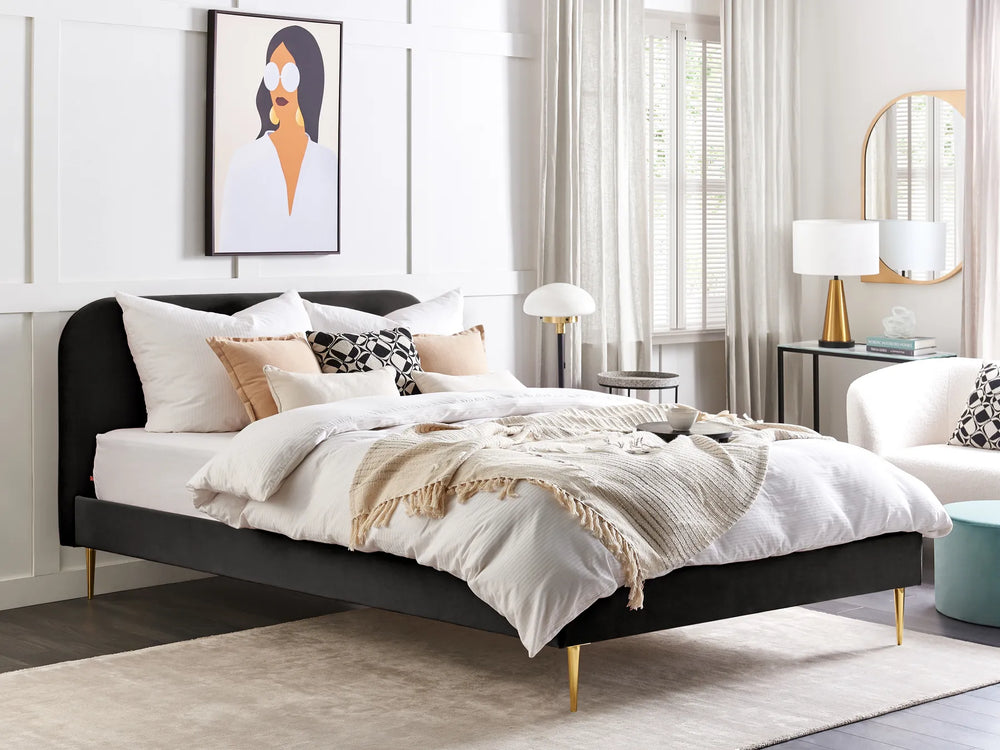 Modern 180x200 cm black velvet bed with slatted base