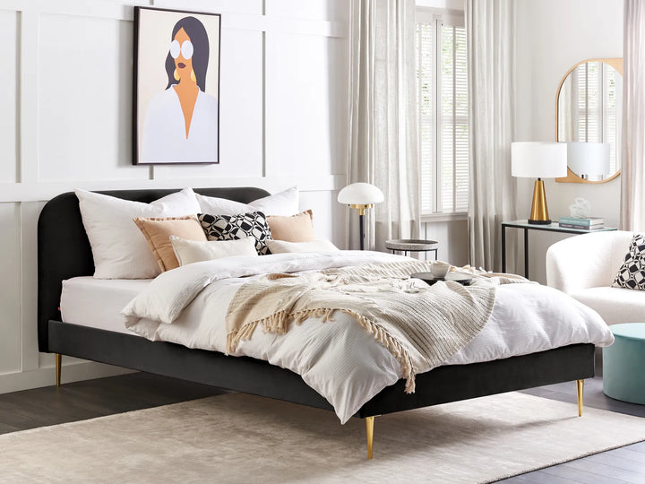 Modern 180x200 cm black velvet bed with slatted base