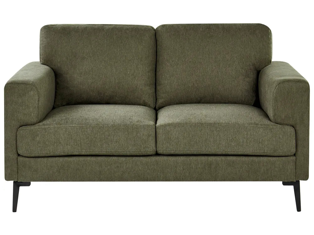 green fabric 2 seater sofa with black metal legs and deep cushions