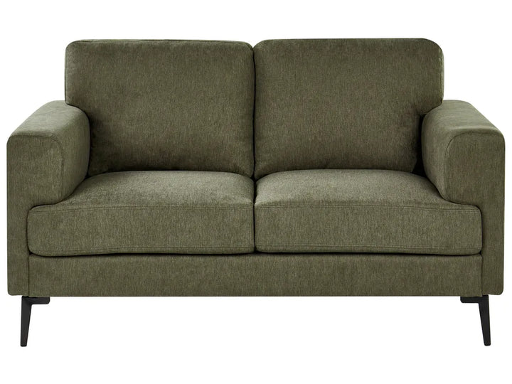 green fabric 2 seater sofa with black metal legs and deep cushions
