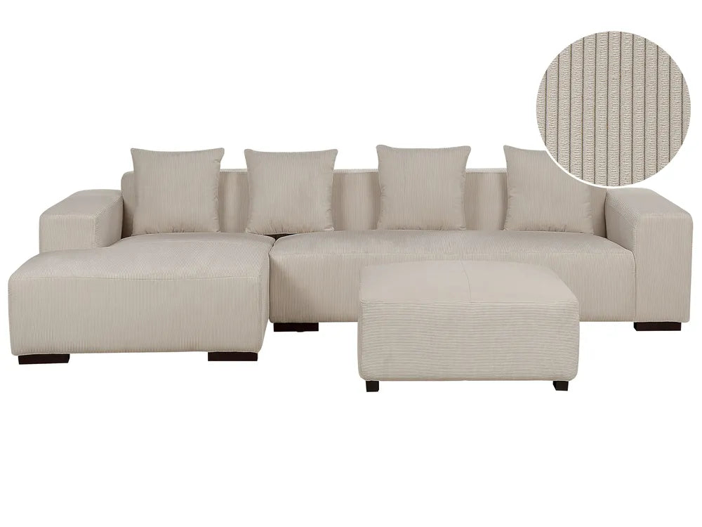 Corner Sofa 4 Seater Corduroy Beige with Ottoman Right Hand Lecanto