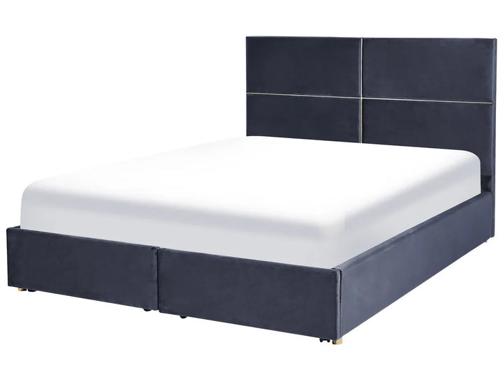Black velvet ottoman bed with drawers and gold accents
