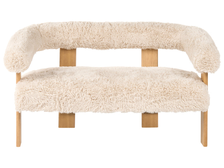 Beige fluffy bench with wooden legs on a white background