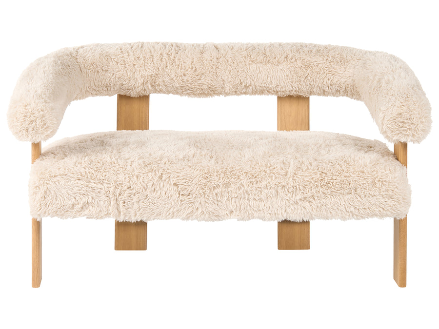 Beige fluffy bench with wooden legs on a white background