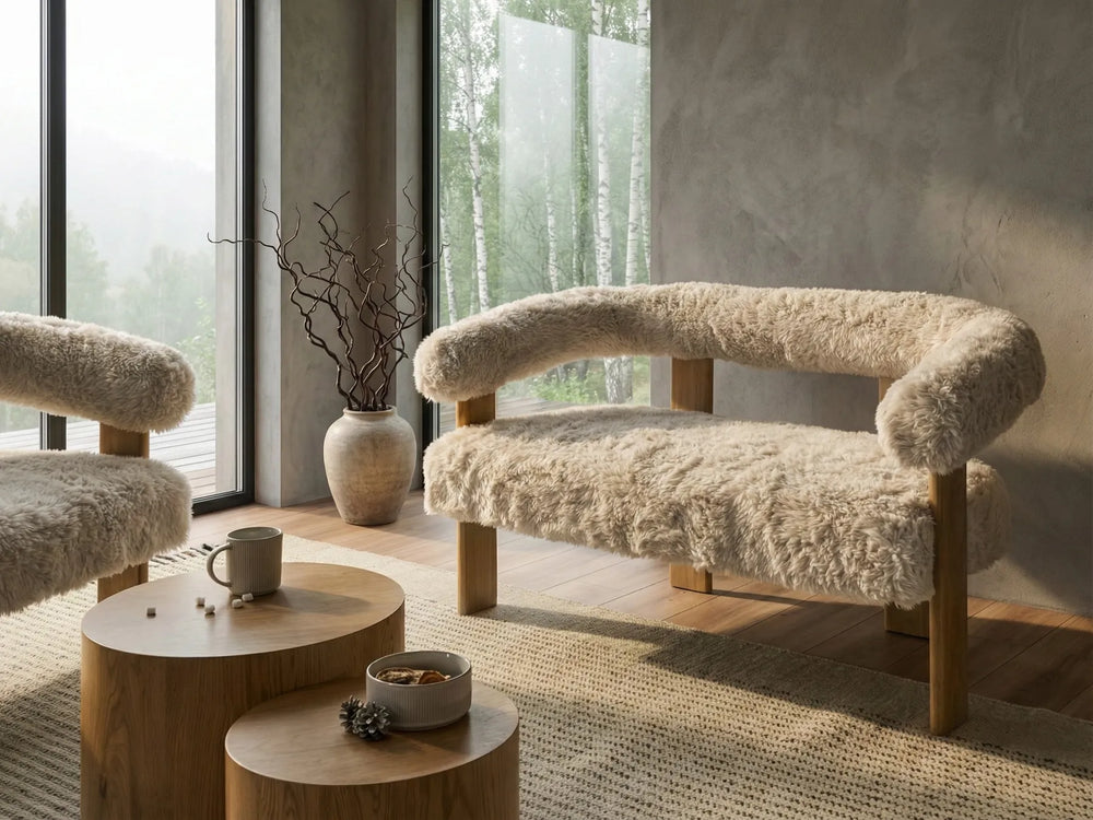 Modern interior with fluffy armchairs and a wooden coffee table near large windows.