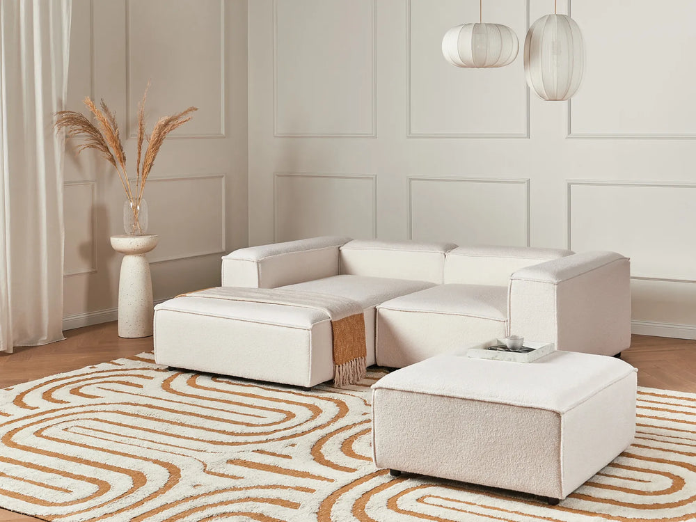 Right hand off-white bouclé 2 seater corner sofa with ottoman