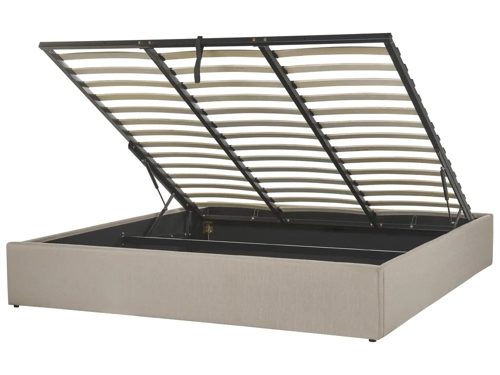 Beige bed frame with metal slat support 