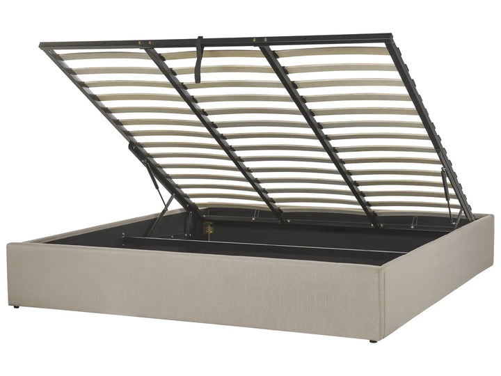 Beige bed frame with metal slat support 