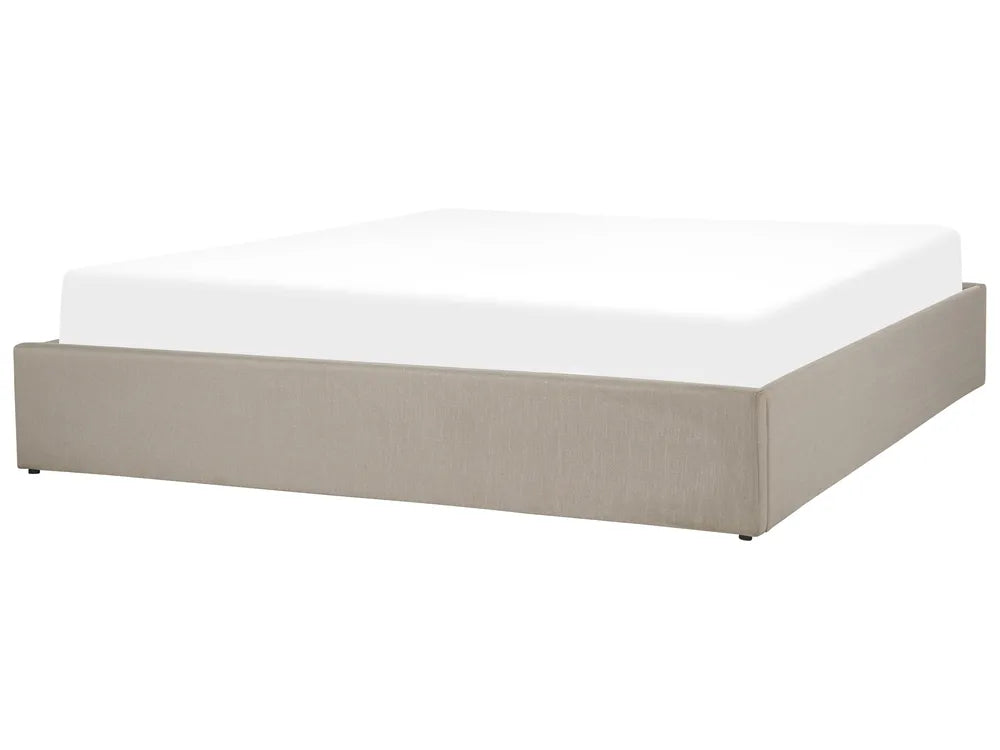 Beige bed frame with white mattress 