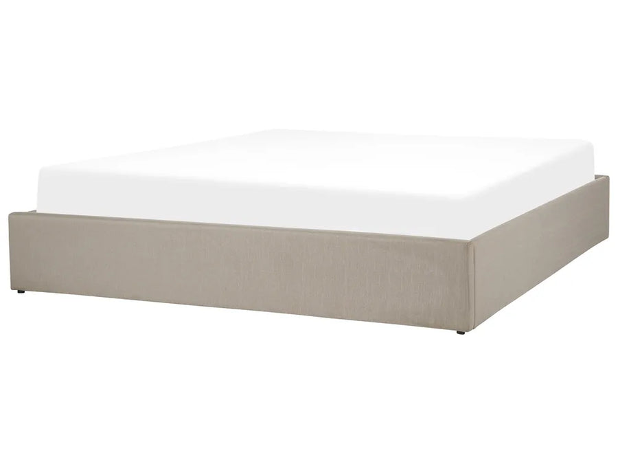 Beige bed frame with white mattress 
