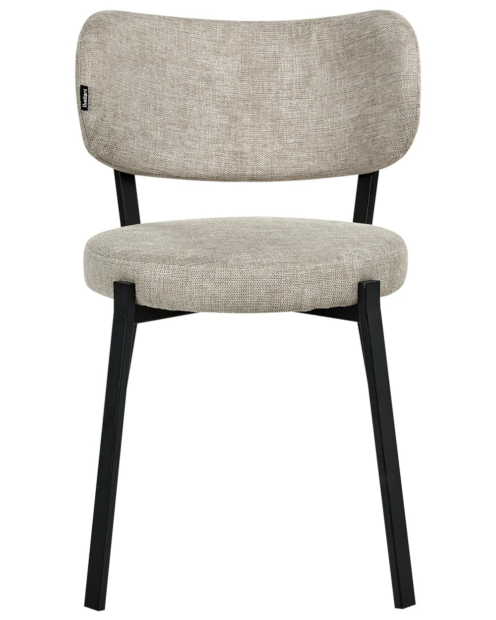 Upholstered dining chair in light beige fabric with a curved backrest, padded seat, and sturdy black metal frame.