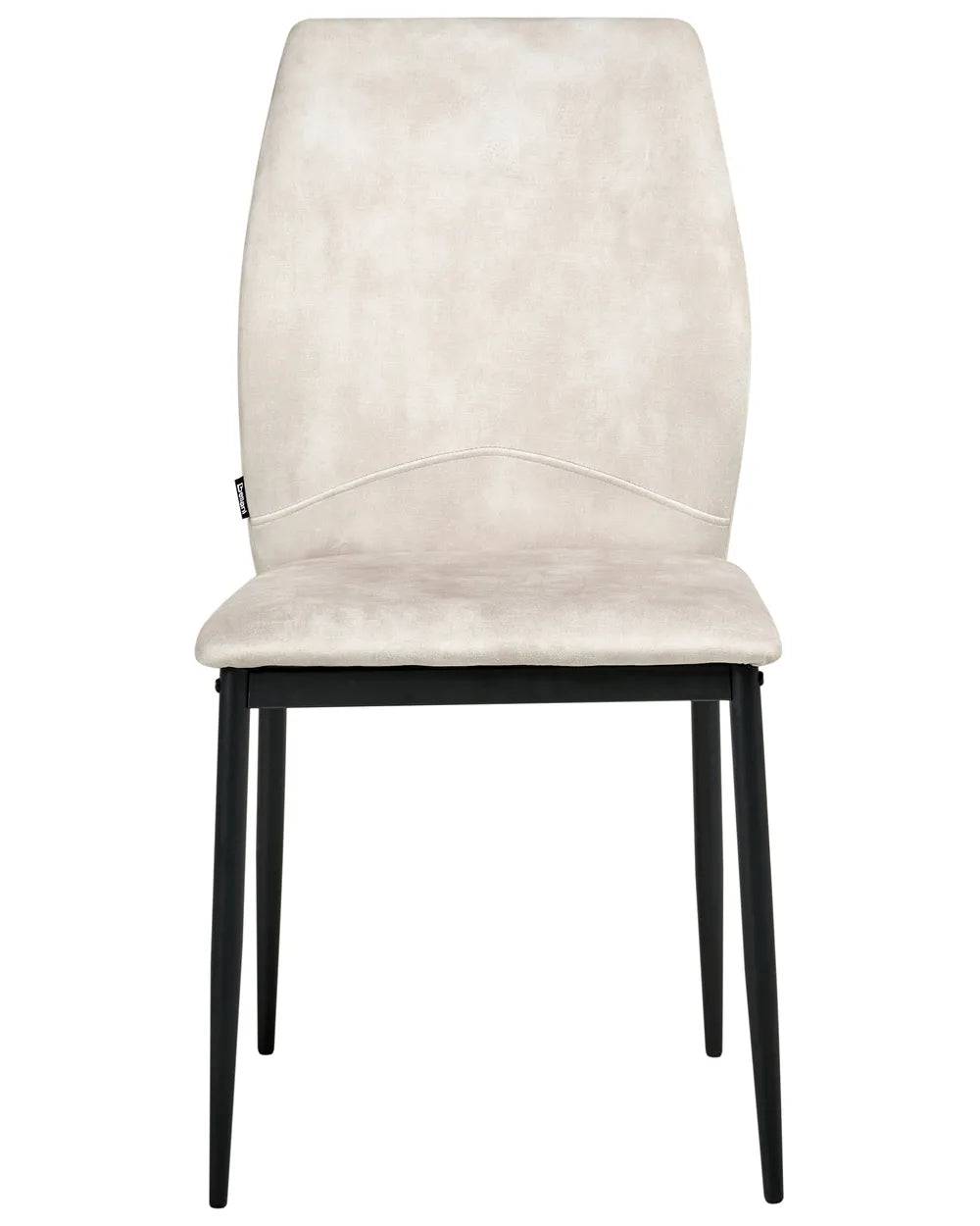Light beige fabric dining chair without armrests, with a tall upholstered backrest and padded seat, on slender black metal legs.