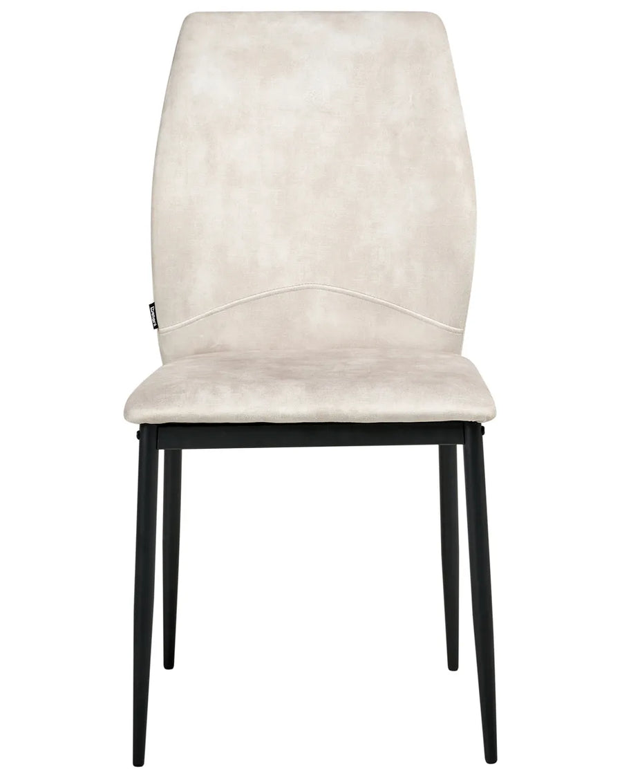 Light beige fabric dining chair without armrests, with a tall upholstered backrest and padded seat, on slender black metal legs.