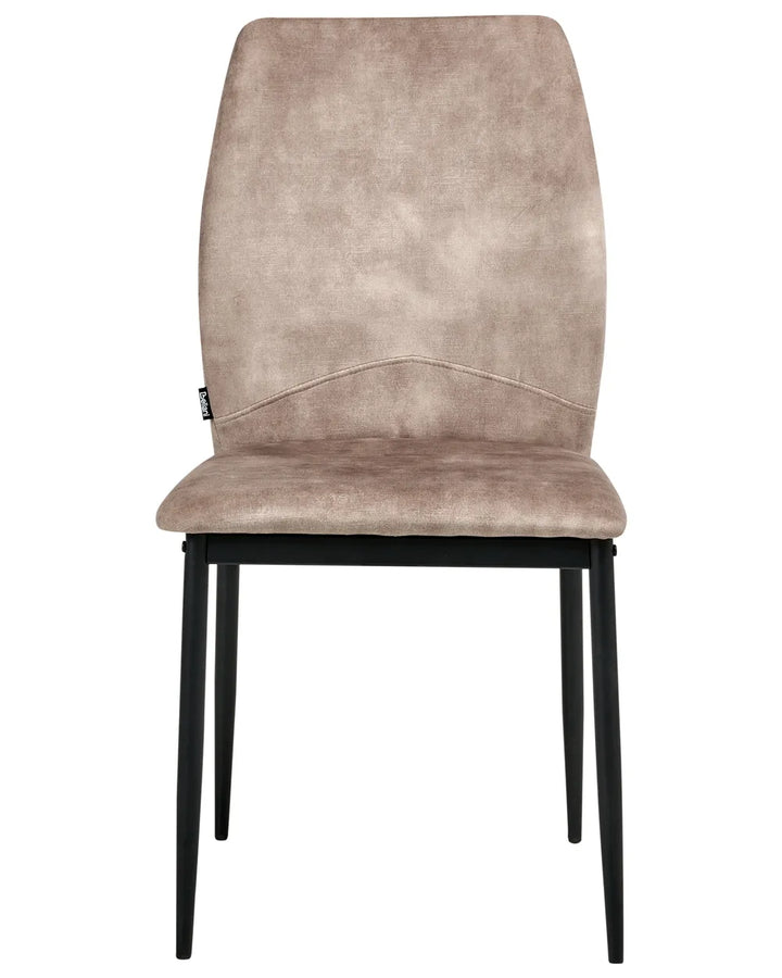 Taupe fabric dining chair without armrests, with a tall upholstered backrest and padded seat, on slender black metal legs.