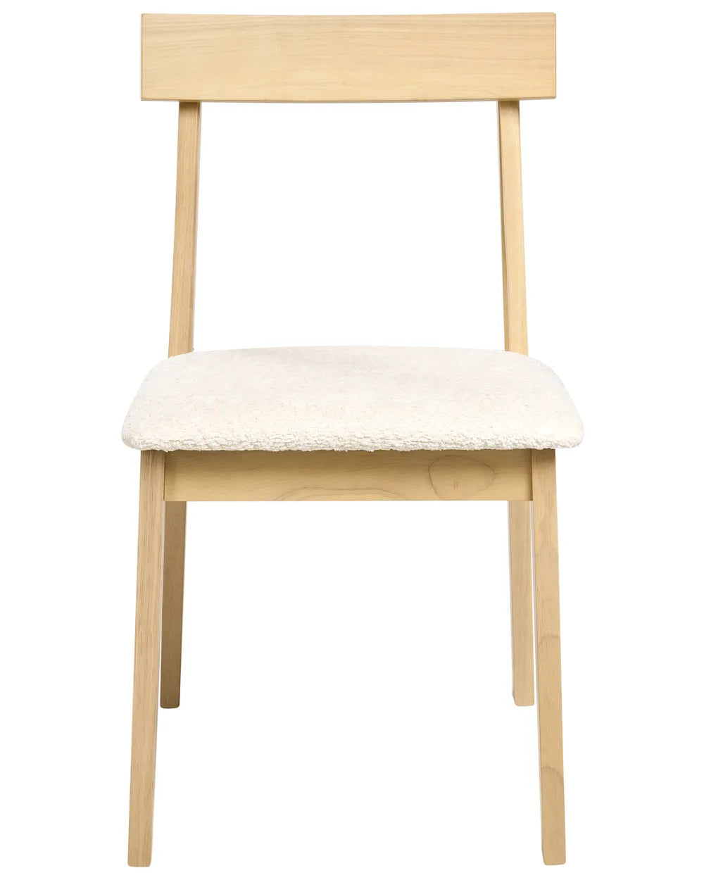 Light wood dining chair with a minimalist straight backrest and soft cream bouclé upholstered seat, shown on a clean white background.